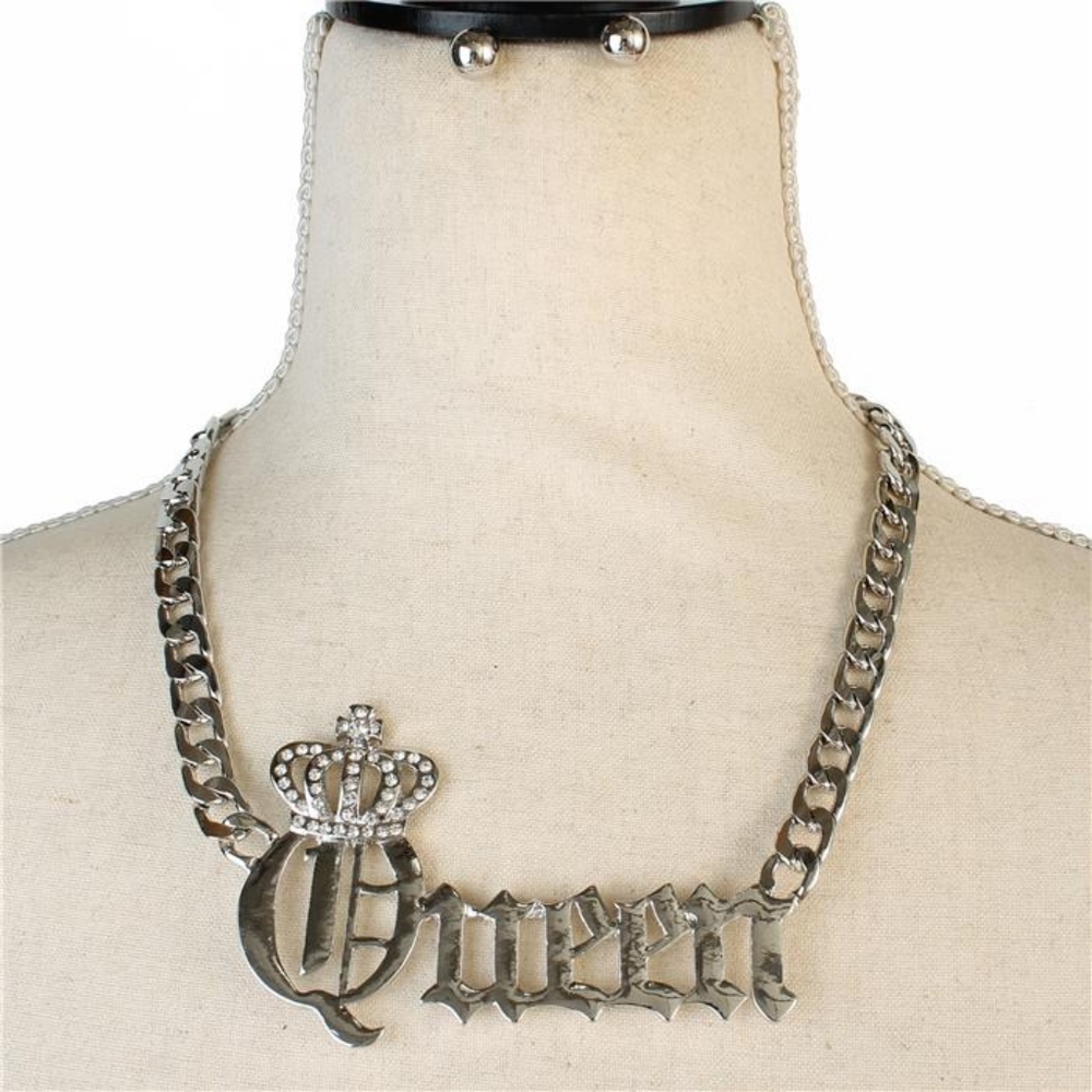 Silver QUEEN Word Pendant Statement Necklace Jewelry Rhinestone Crystal Crown
